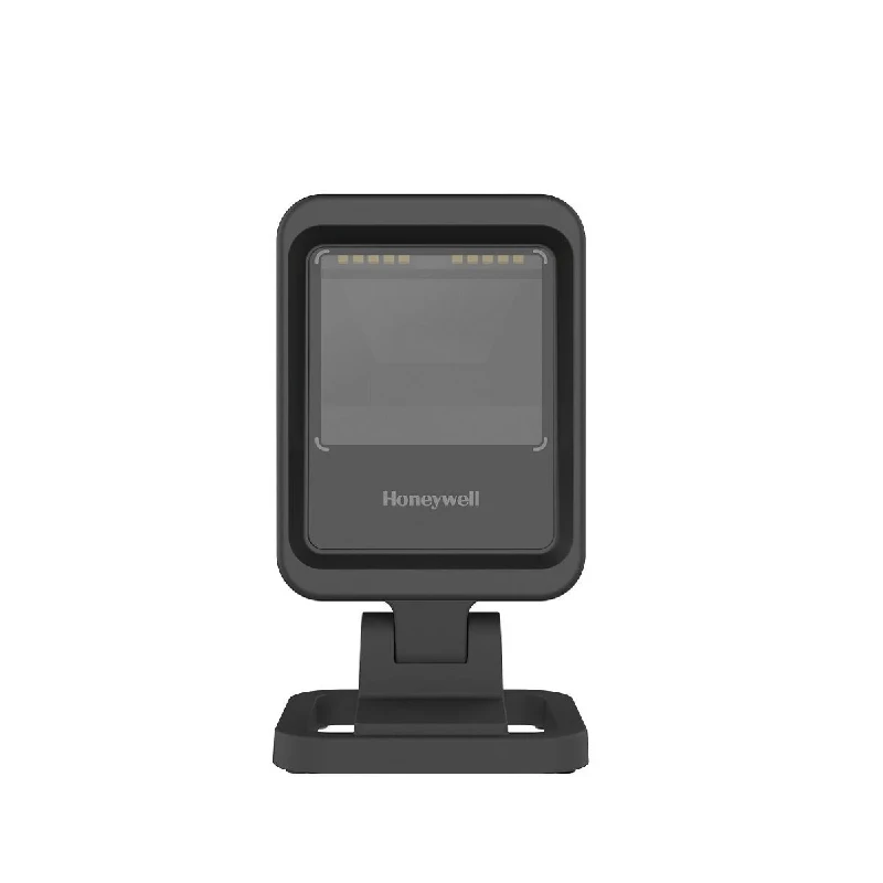 Scanner di presentazione da banco Honeywell Genesis XP 7680g nero su supporto, ottimizzato per la lettura veloce di codici a barre nel punto cassa.