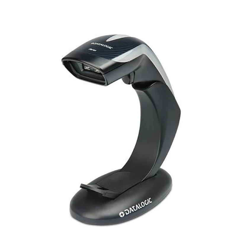 Lettore di codici a barre 2D Datalogic Heron HD3430 nero dal design elegante, posizionato sul suo stand da banco per il punto cassa.