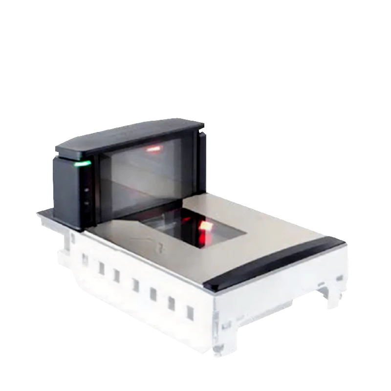Scanner da banco bi-ottico Datalogic Magellan 9550i installato in un bancone cassa di un punto vendita retail, pronto per la scansione ad alta velocità dei prodotti.