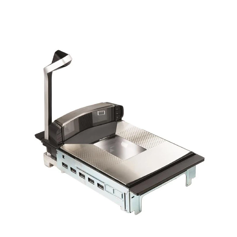 Scanner da banco a incasso Datalogic Magellan 9800i per la lettura di codici a barre 1D e 2D, installato su un bancone cassa.