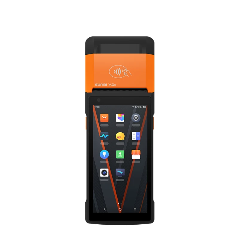 Terminale mobile POS Android SUNMI V2s con display touch e stampante per ricevute da 58mm integrata.