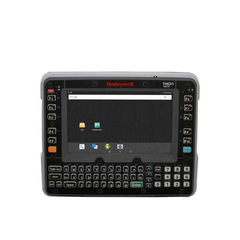Terminale veicolare per carrelli elevatori Honeywell Thor VM1A con display touch da 8 pollici, montato all'interno della cabina di un muletto in un magazzino logistico.