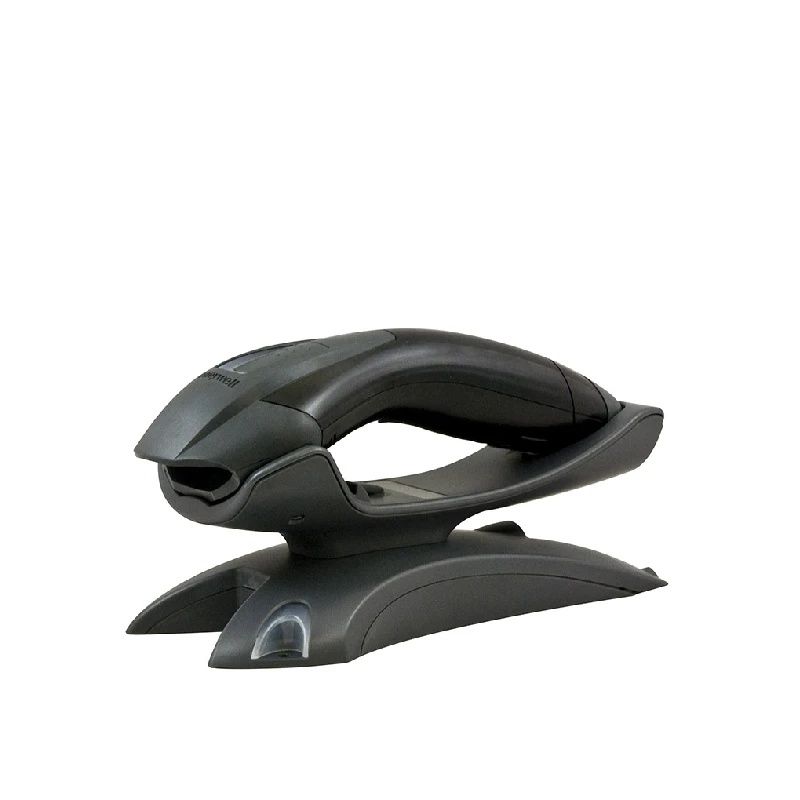 Scanner di codici a barre laser senza fili Honeywell Voyager 1202g con base di ricarica e connessione Bluetooth, ideale per retail e magazzino.