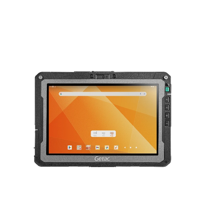 Tablet rugged professionale Getac ZX10 con schermo luminoso, utilizzato in un ambiente industriale per mostrare la sua resistenza a urti e polvere.
