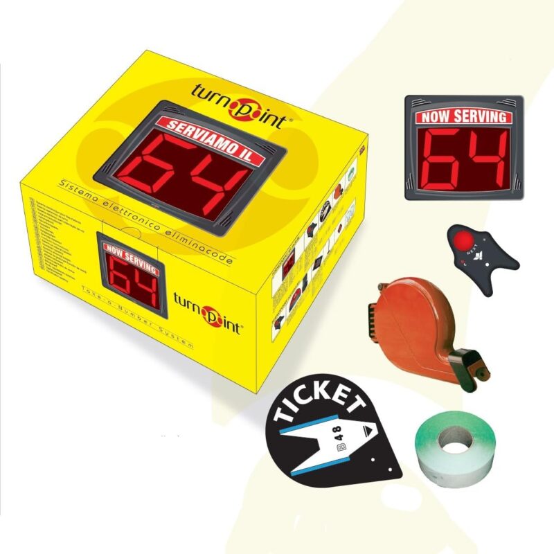Kit Eliminacode Ferlabel Turnopoint con display LED, radiocomando, distributore ticket e cartello – soluzione per gestione code in negozi e uffici